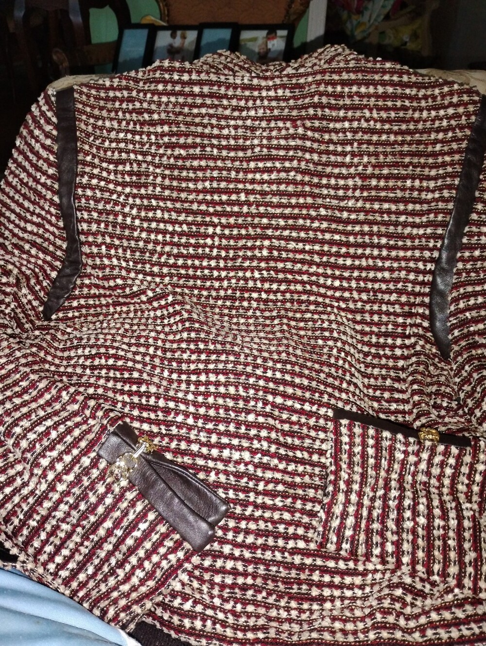 St John 10/12 Burgundy Cream Brown Boucle Knit Jacket Brown Leather Pants Suit - Picture 6 of 14